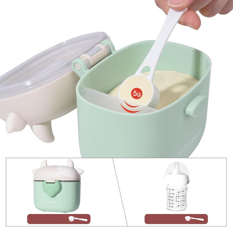 Bebamour Baby Formula Dispenser On The Go, Formula Container to Go, Formula Holder for Travel, Candy Fruit Snack Storage Container with Scoop and Leveller (Light Green Cow) - Image 2